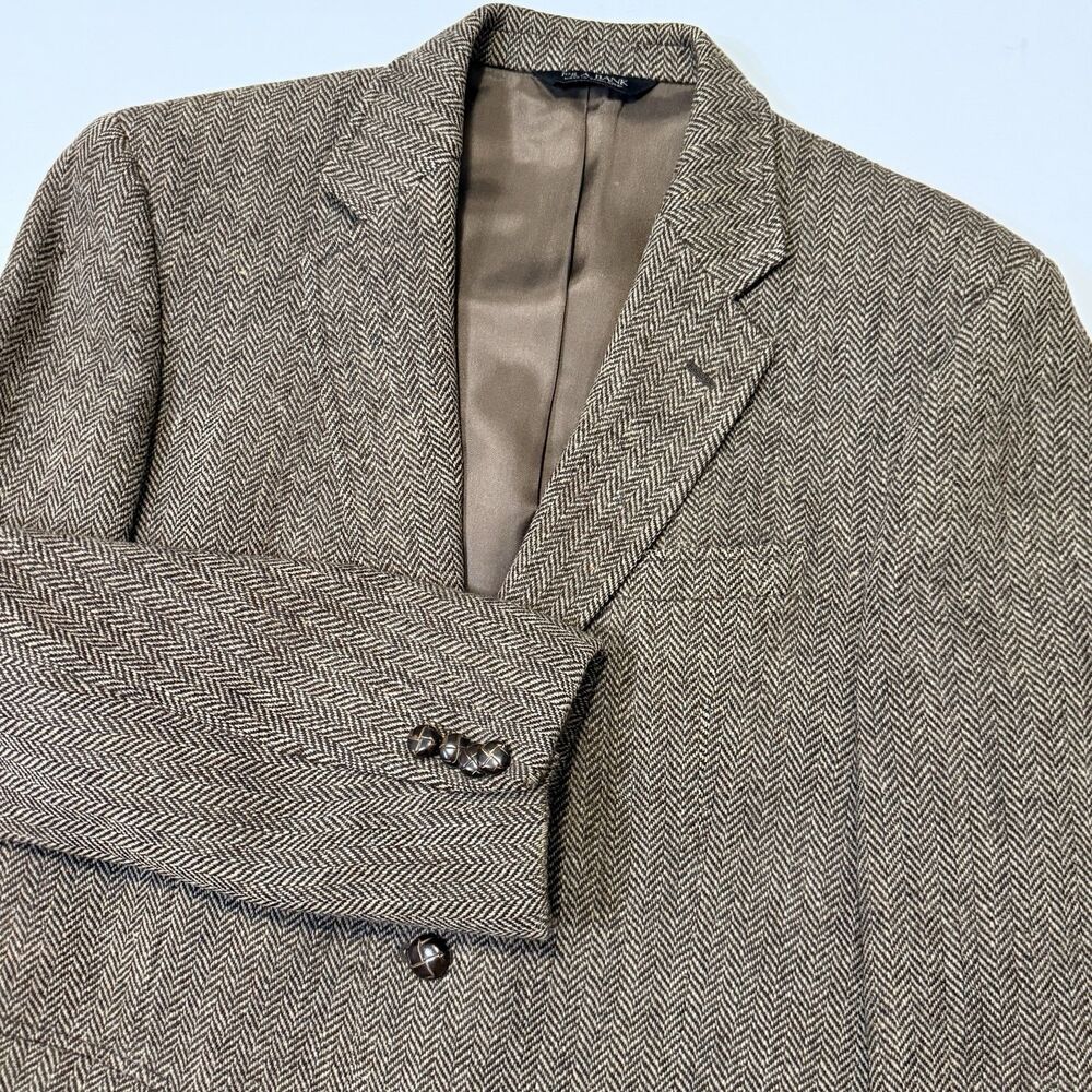 Harris Tweed Jos A Bank Brown Herringbone Blazer Men's 40R Wool Leather Buttons